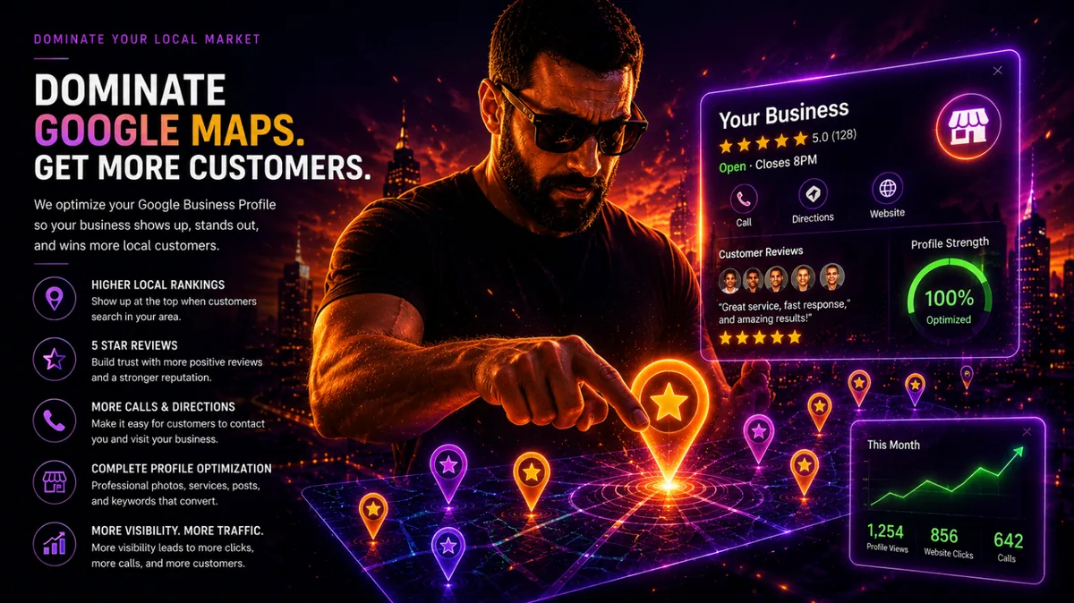 Cinematic map with glowing business pins, 5-star reviews and profile strength